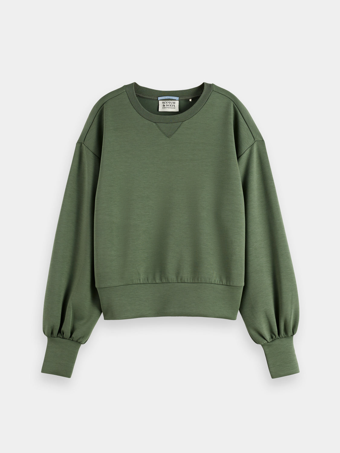 Gray Scotch & Soda modal sweatshirt, soft and comfortable, shown on a hanger with a relaxed fit and minimal design.