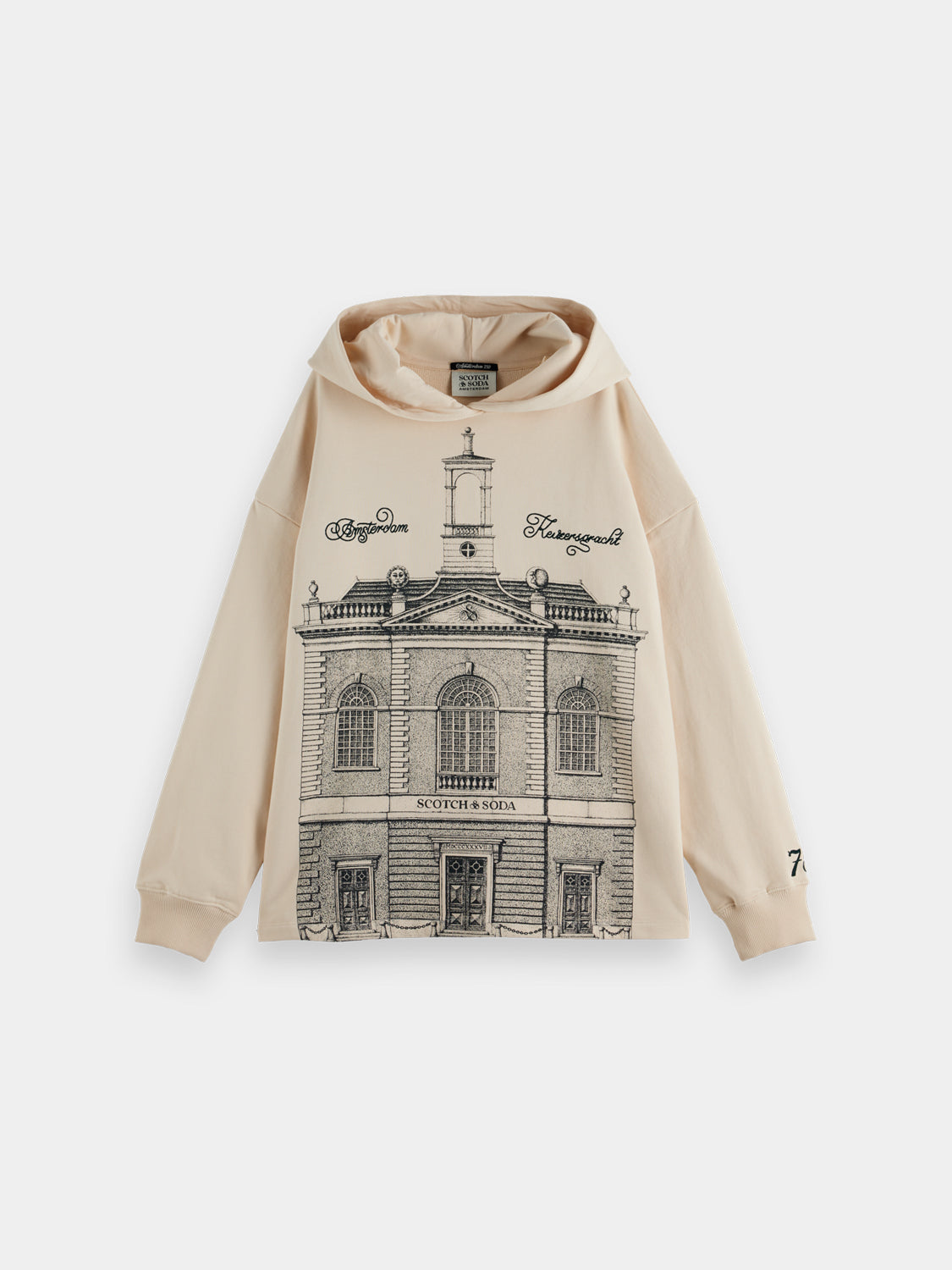 Scotch & Soda artwork hoodie with graphic print, casual sweatshirts, black fabric, front view, cozy and stylish design