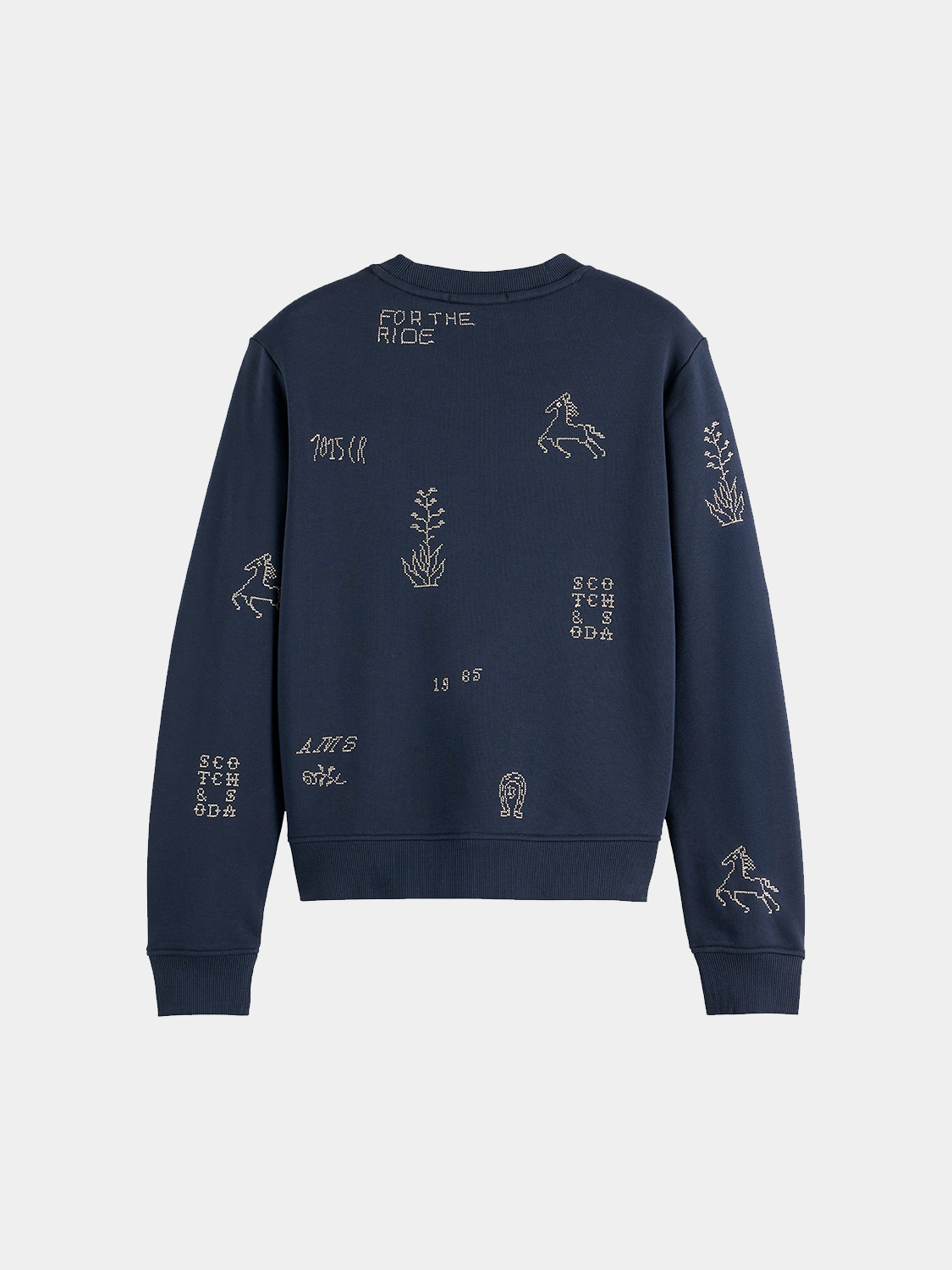 Embroidered sweatshirt by Scotch & Soda featuring detailed stitching, cozy fit, and casual style in a front view.