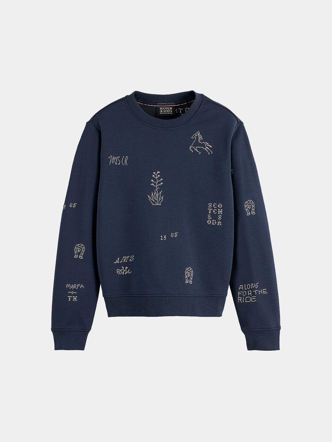 Embroidered sweatshirt by Scotch & Soda featuring detailed stitching and a casual fit, shown in a close-up view.