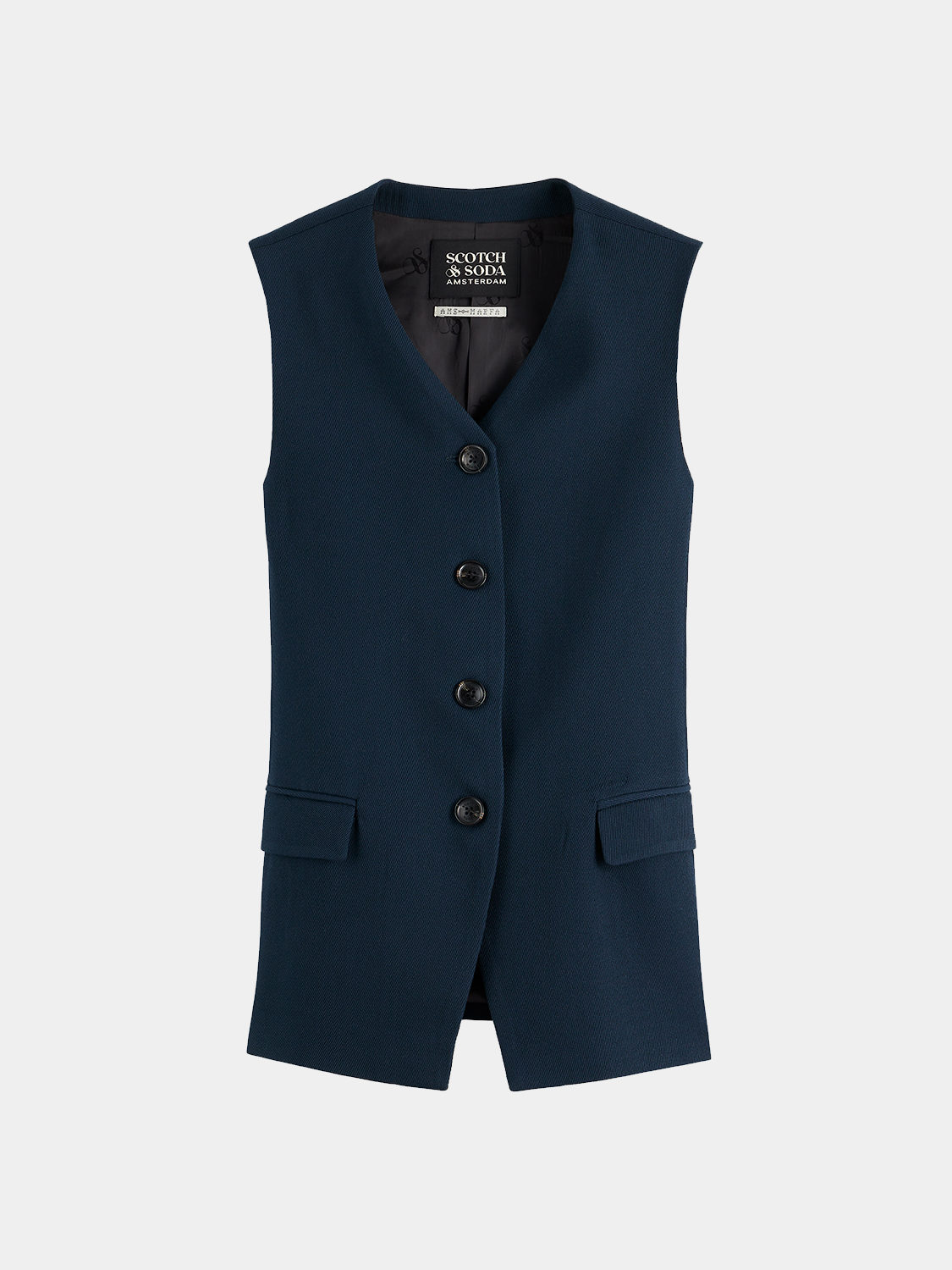 Tailored Scotch & Soda gilet with a sleek fit and front button closure, displayed in a neutral fabric.