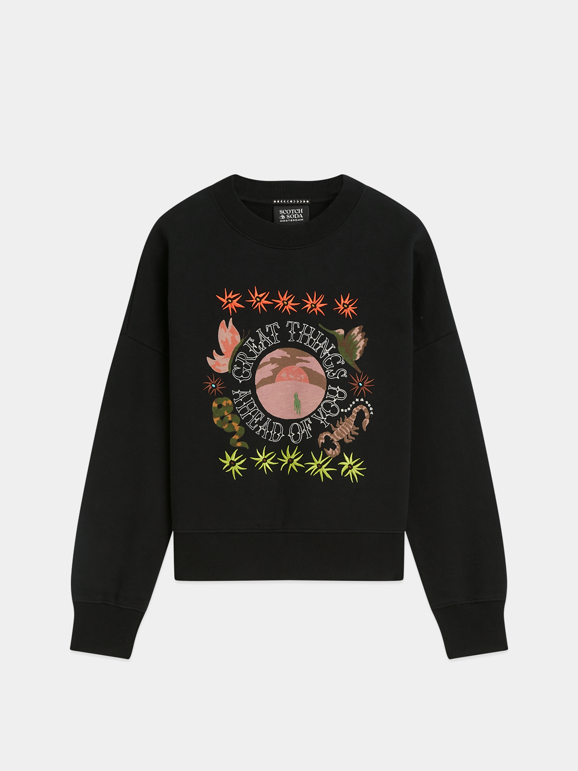 Scarlet sweatshirt by Scotch & Soda featuring artwork print, with a relaxed fit and ribbed cuffs, casual streetwear style.