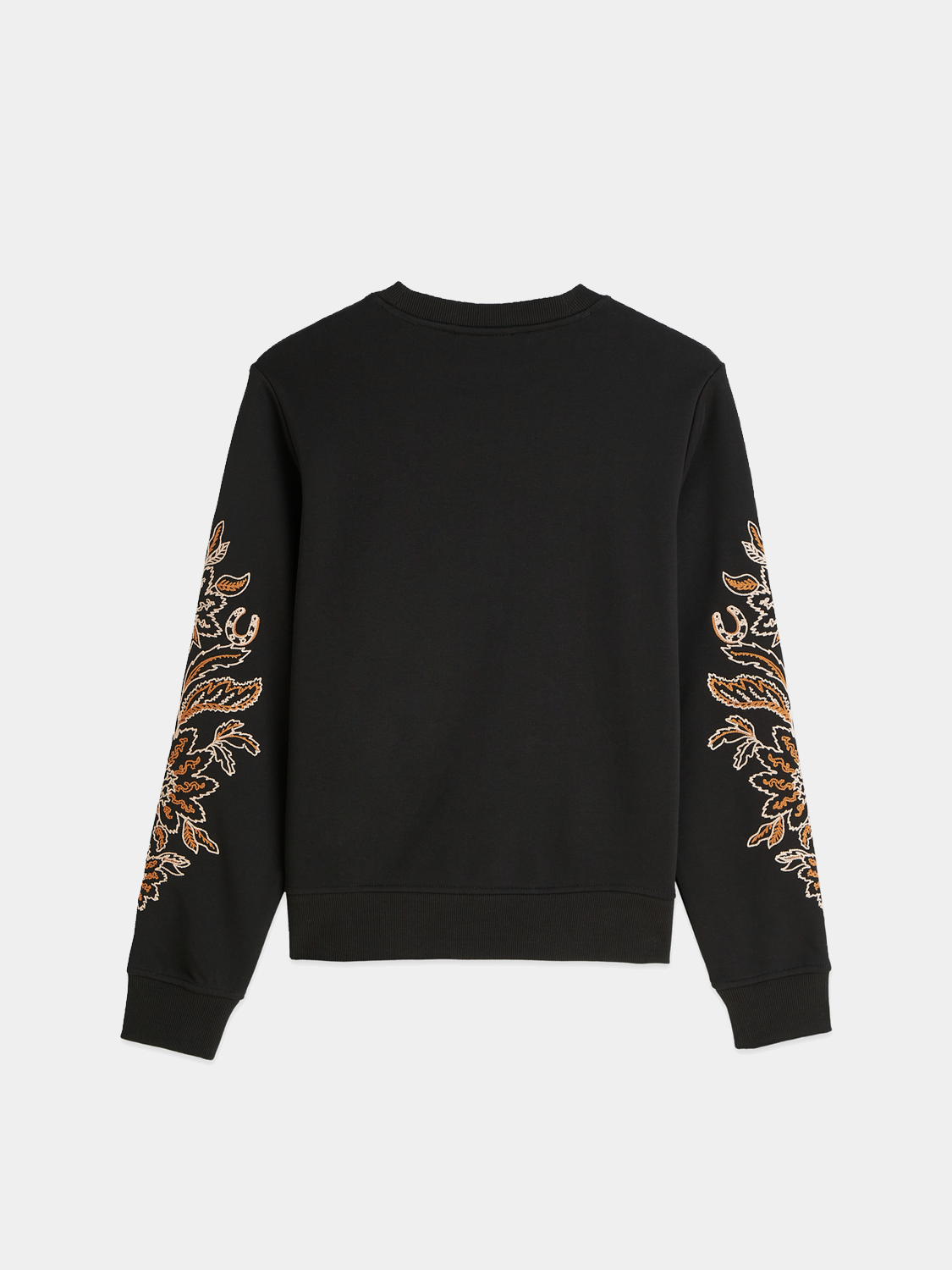 Black embroidered sweatshirt from Scotch & Soda featuring detailed embroidery on the front and a relaxed fit.