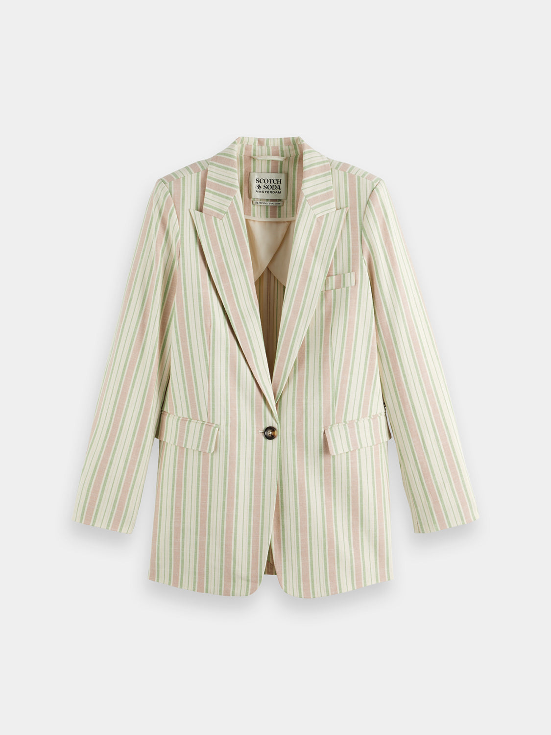 Striped Lurex blazer by Scotch & Soda, featuring metallic gold and black stripes, tailored fit with lapel collar and front buttons.