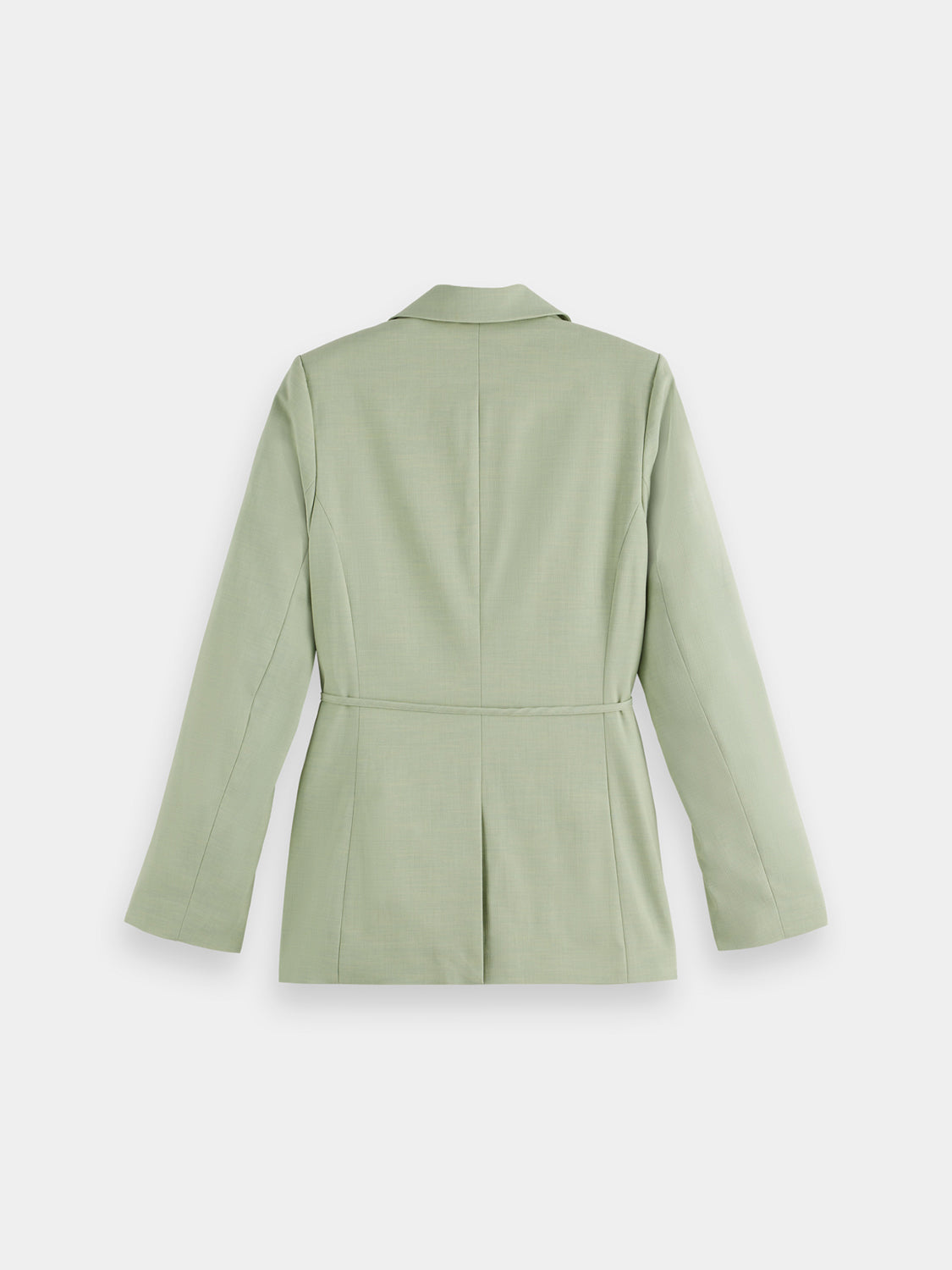 Scotch & Soda belted blazer in tailored fabric with notch lapel, front pockets, and waist belt, displayed on a mannequin.