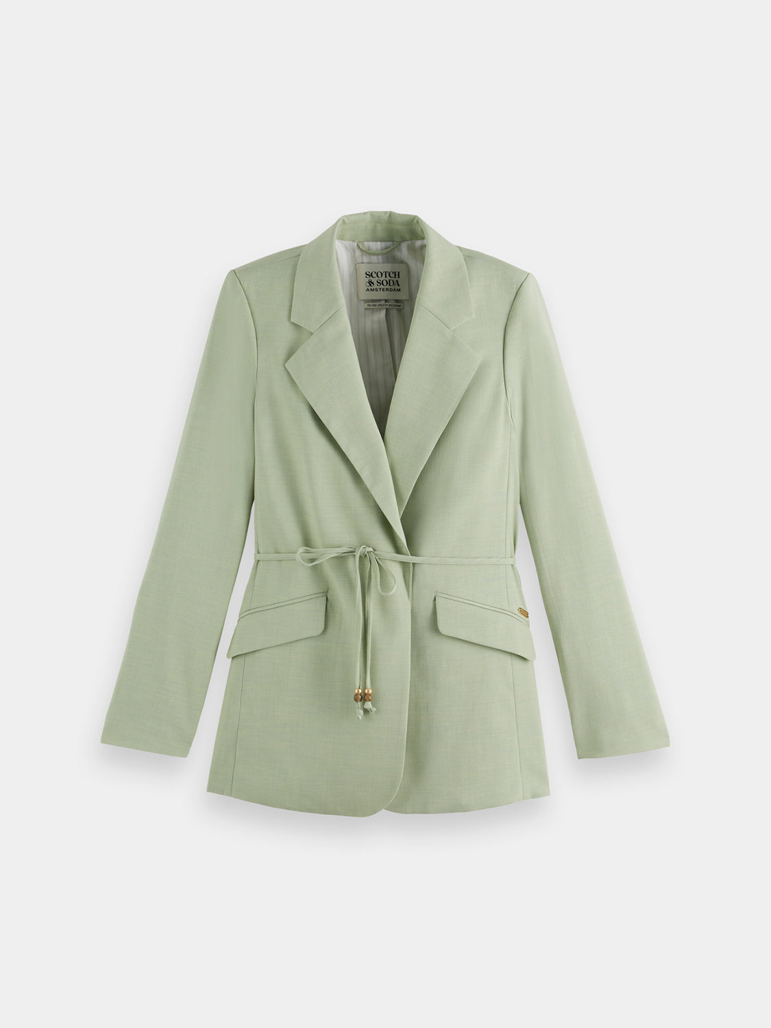 Dark belted blazer from Scotch & Soda featuring a tailored fit and classic lapel, shown on a neutral background.