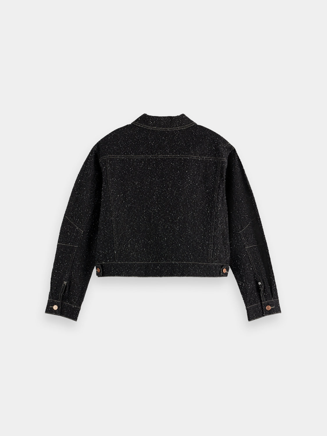 Black textured denim jacket from Scotch & Soda featuring classic design and detailed stitching, displayed on a hanger.