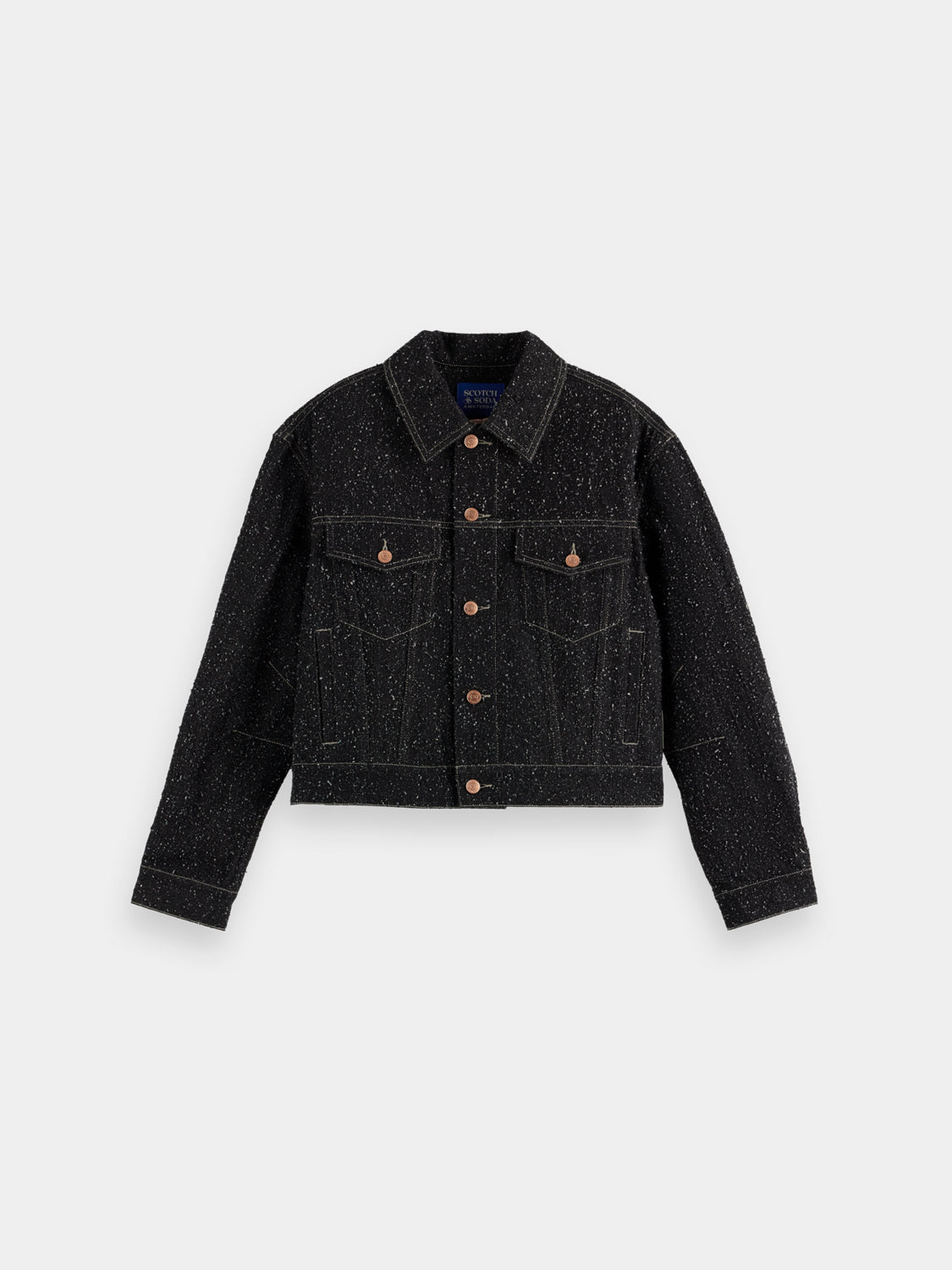 Textured denim jacket by Scotch & Soda, showing close-up of fabric and stylish collar detail.