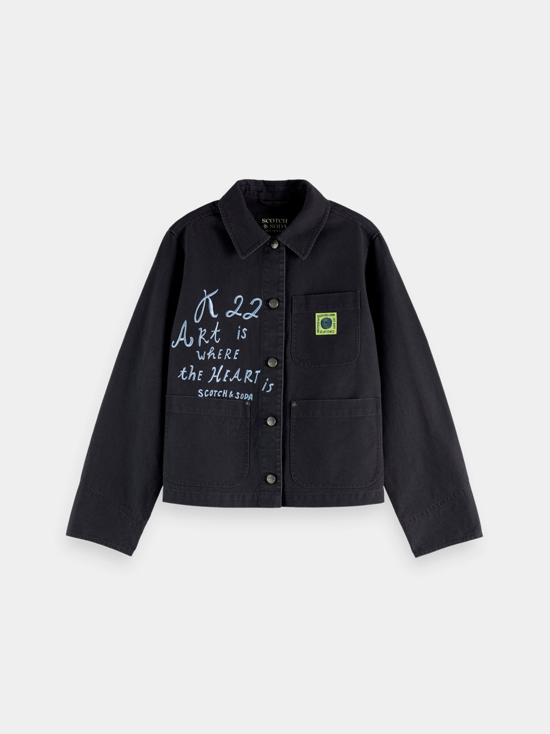 Washed workwear jacket from Scotch & Soda, durable jacket with a rugged look, shown in front view with detailed stitching.