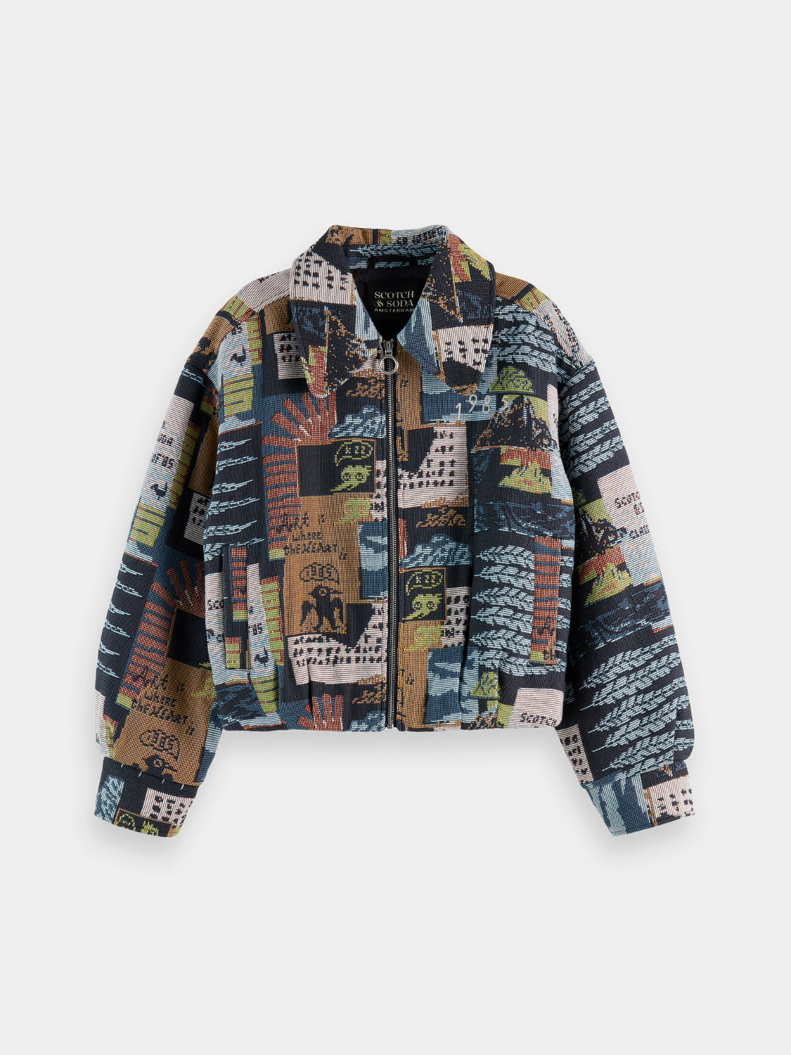 Scotch & Soda jacquard jacket with intricate woven pattern, featuring a tailored fit and stylish collar detail.