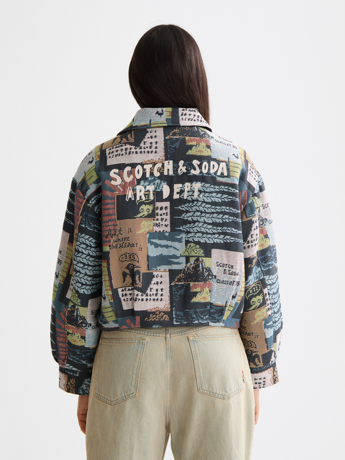 Scotch & Soda Jacquard jacket showing intricate woven pattern, front view with collar and long sleeves.