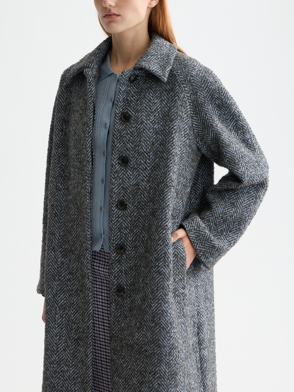 Wool-blend carcoat jacket from Scotch & Soda, featuring a stylish design with a collar and button closure, displayed on a model.