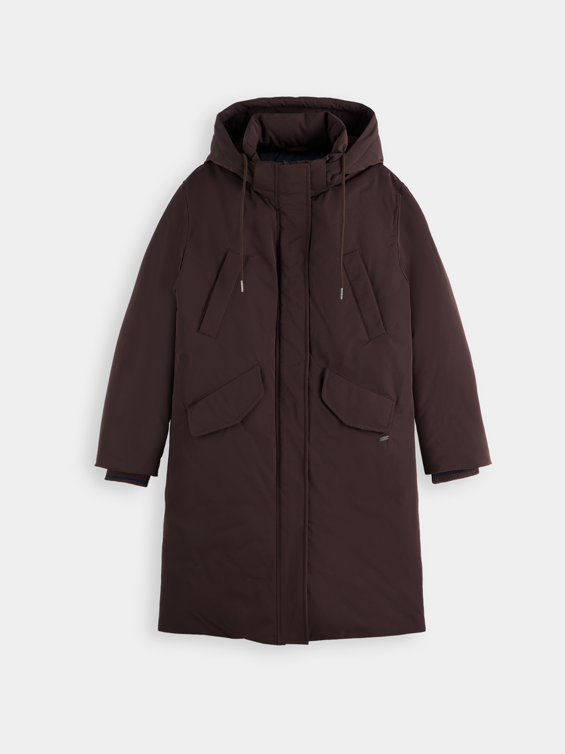 Scotch & Soda city parka jacket with hood, front pockets, and quilted lining, suitable for urban winter wear.