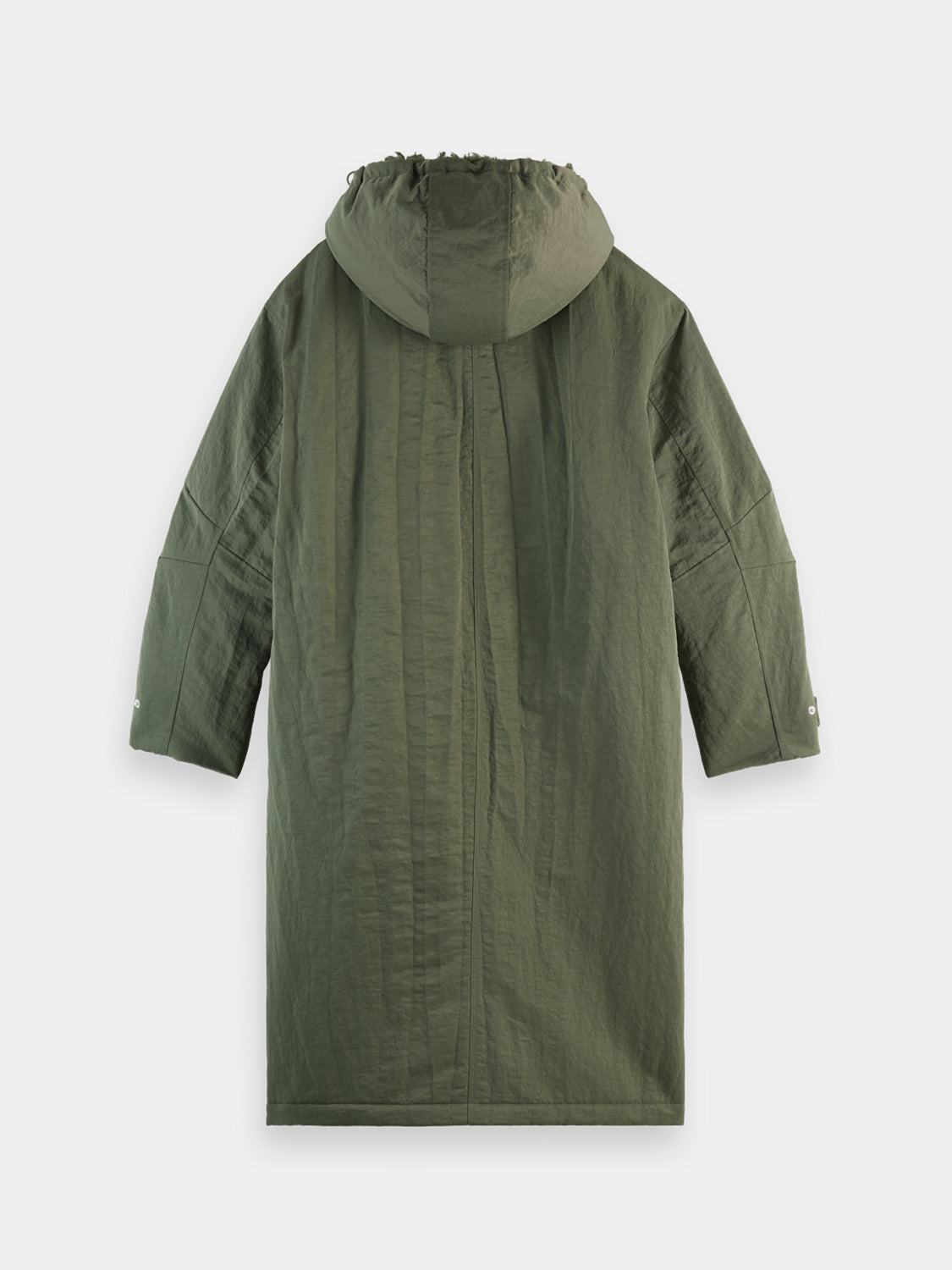 Black 2-in-1 Scotch & Soda parka jacket with hood and adjustable waist, showing front view and zip closure.