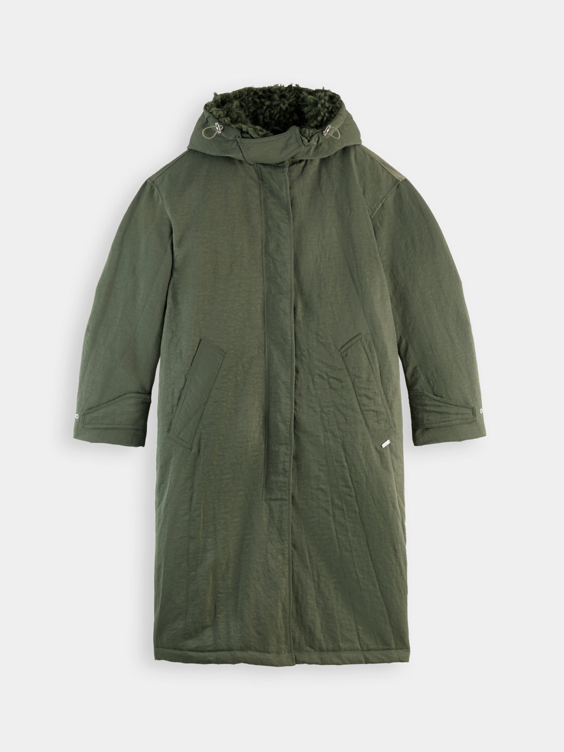 Black 2-in-1 Scotch & Soda parka jacket with hood and zip closure, showcased on a model with a casual outdoor setting.