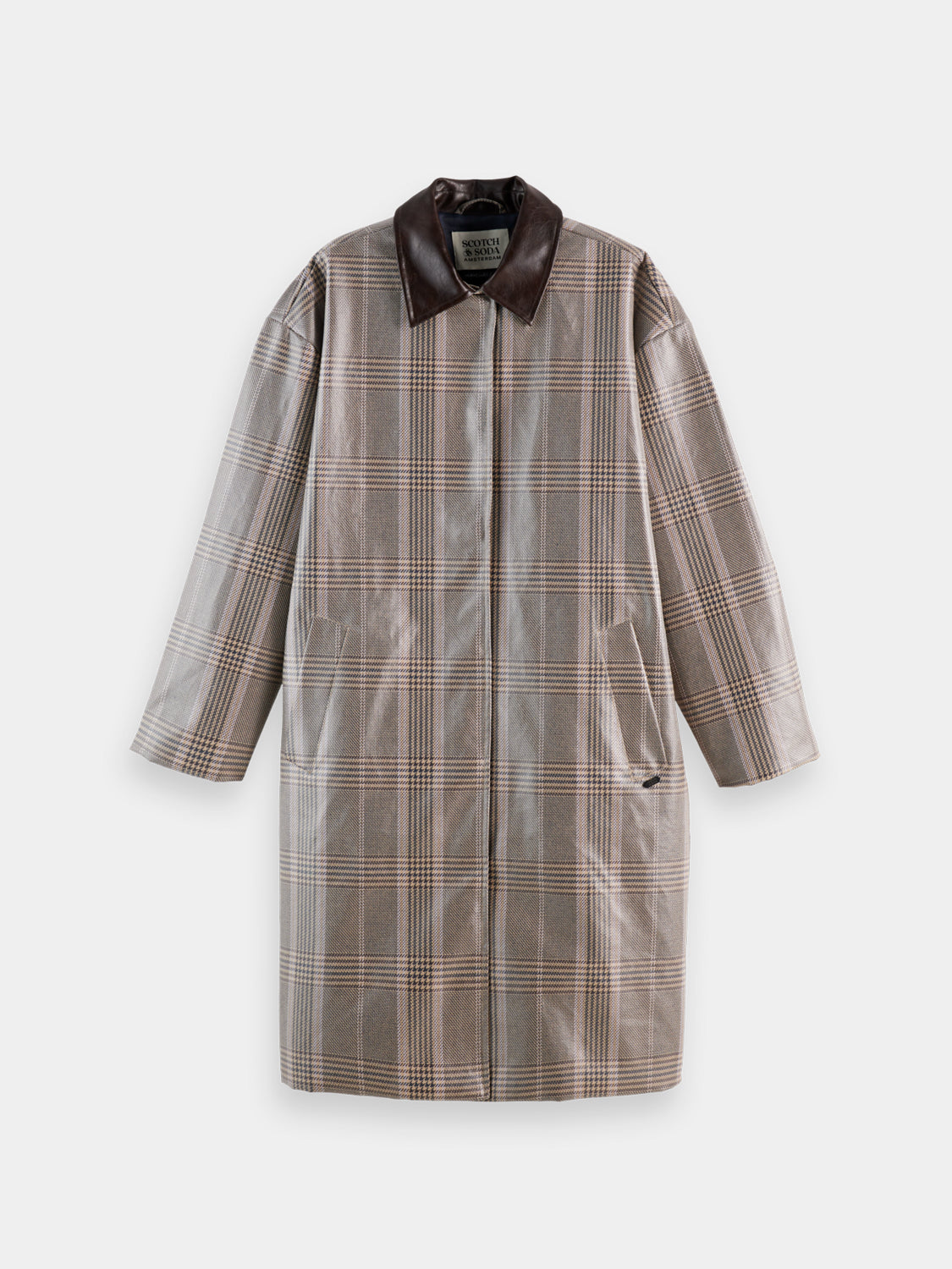 Yellow coated raincoat from Scotch & Soda, lightweight waterproof jacket with a hood, shown hanging on a wooden hanger.
