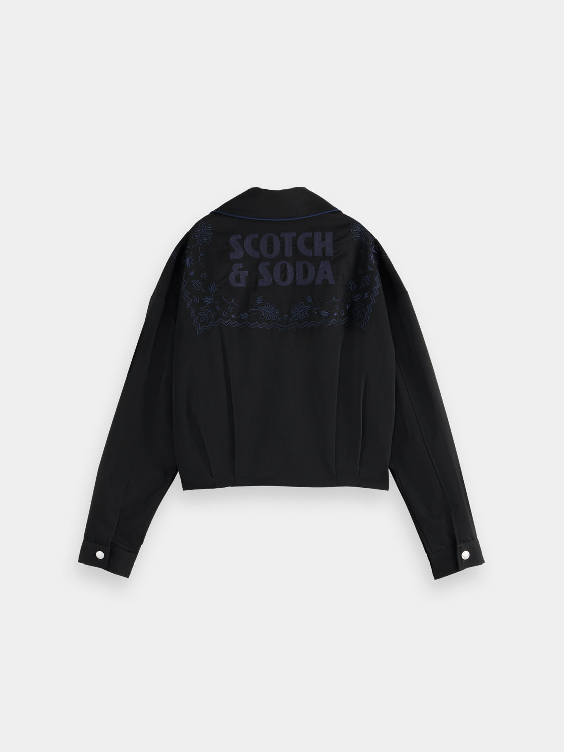 Embroidered Scotch & Soda bomber jacket with intricate floral designs, front zip closure, and ribbed collar and cuffs.