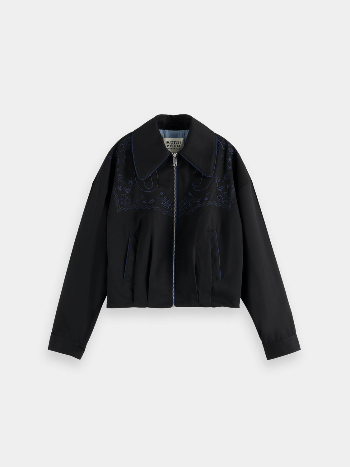 Scotch & Soda embroidered bomber jacket with detailed floral embroidery, front zipper, ribbed cuffs and collar, stylish and casual outerwear.