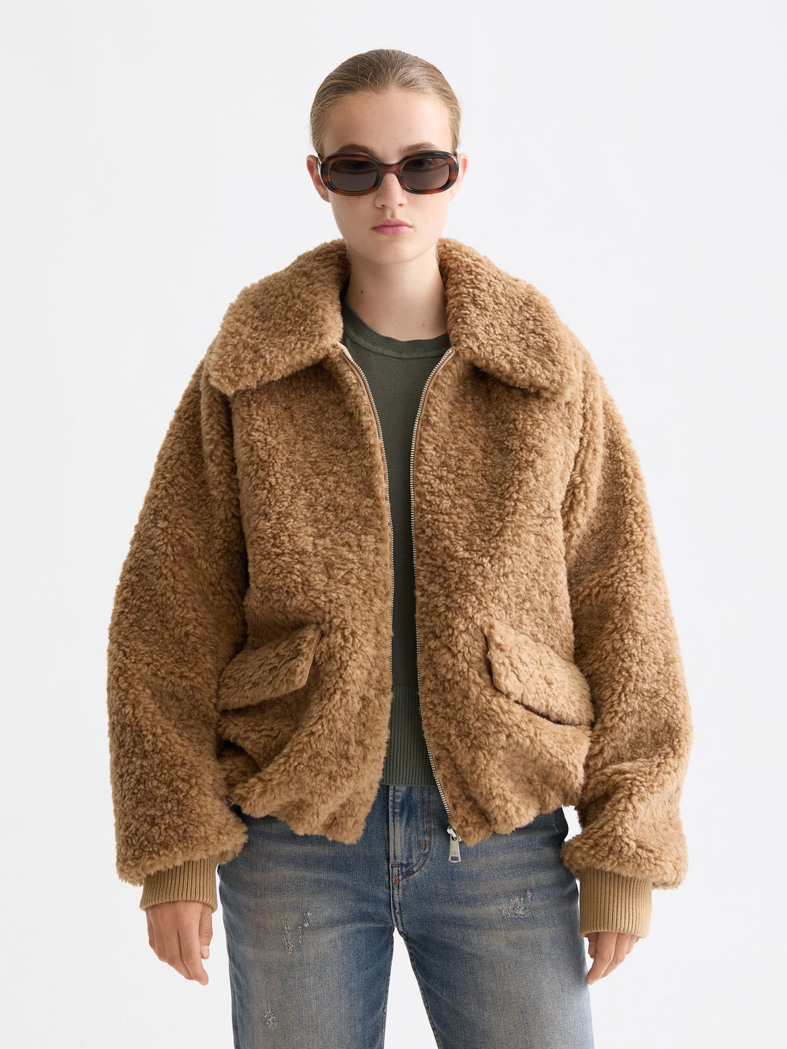 Scotch & Soda teddy bomber jacket with plush faux fur collar and quilted design, shown on a model.
