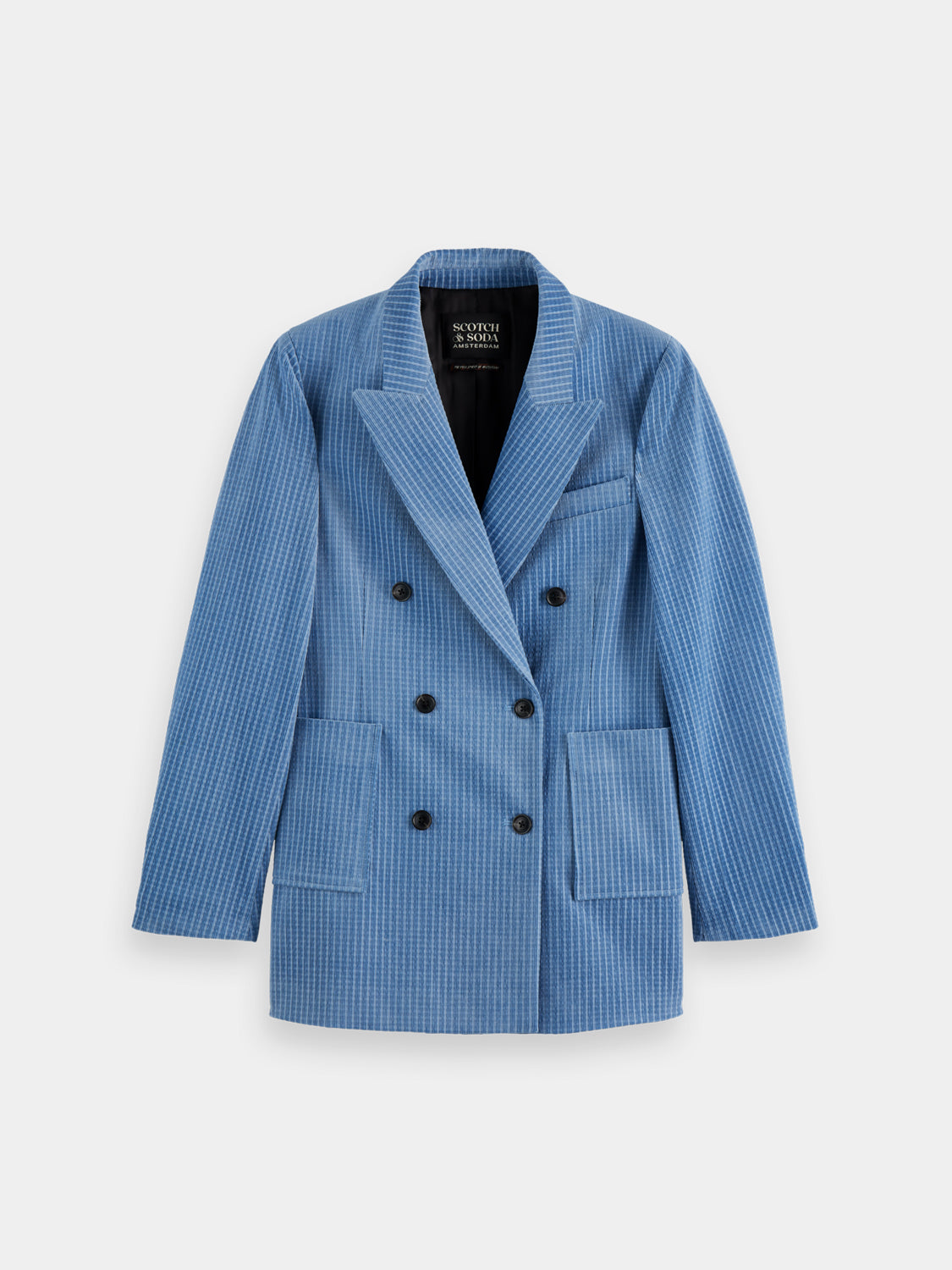 Navy corduroy blazer from Scotch & Soda with notch lapels and front pockets, styled on a hanger against a plain background.