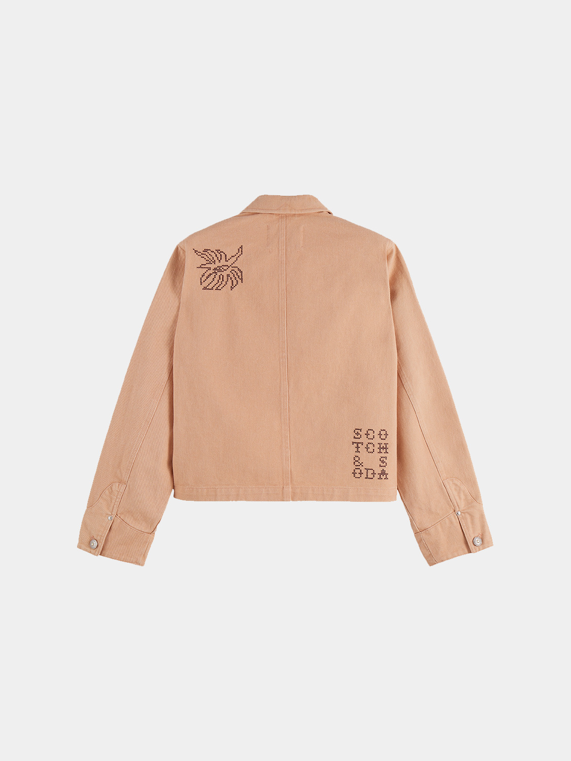 Embroidered jacket by Scotch & Soda featuring detailed stitching and a casual fit, shown in a close-up view.