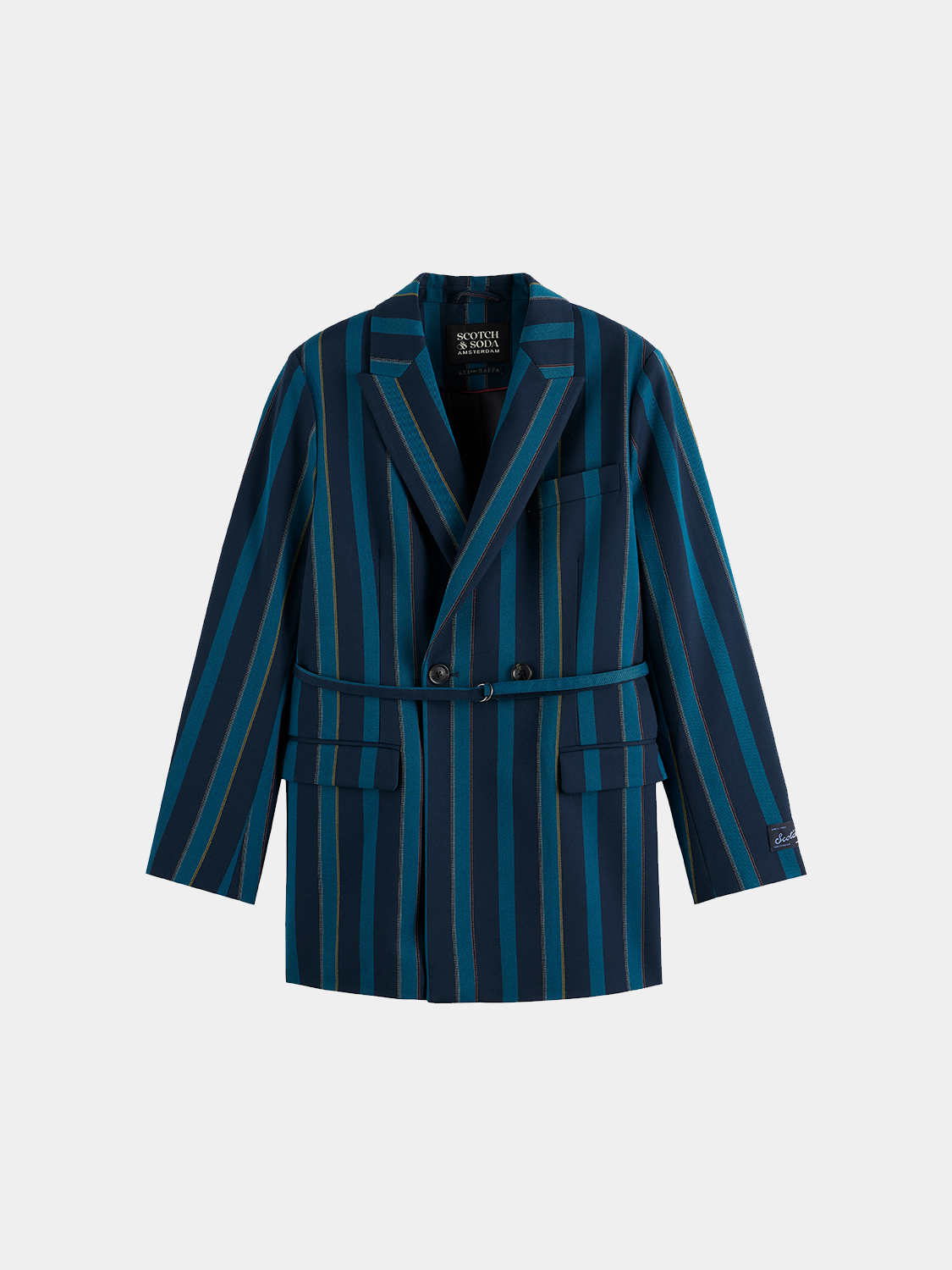 Double-breasted striped blazer by Scotch & Soda, featuring a tailored fit and classic design, shown on a model.