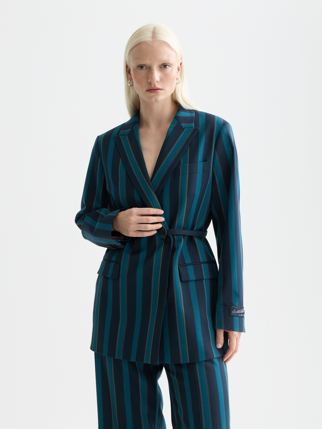 SCOTCH & SODA double-breasted striped blazer with notch lapels, tailored fit, and classic pattern, displayed on a hanger.