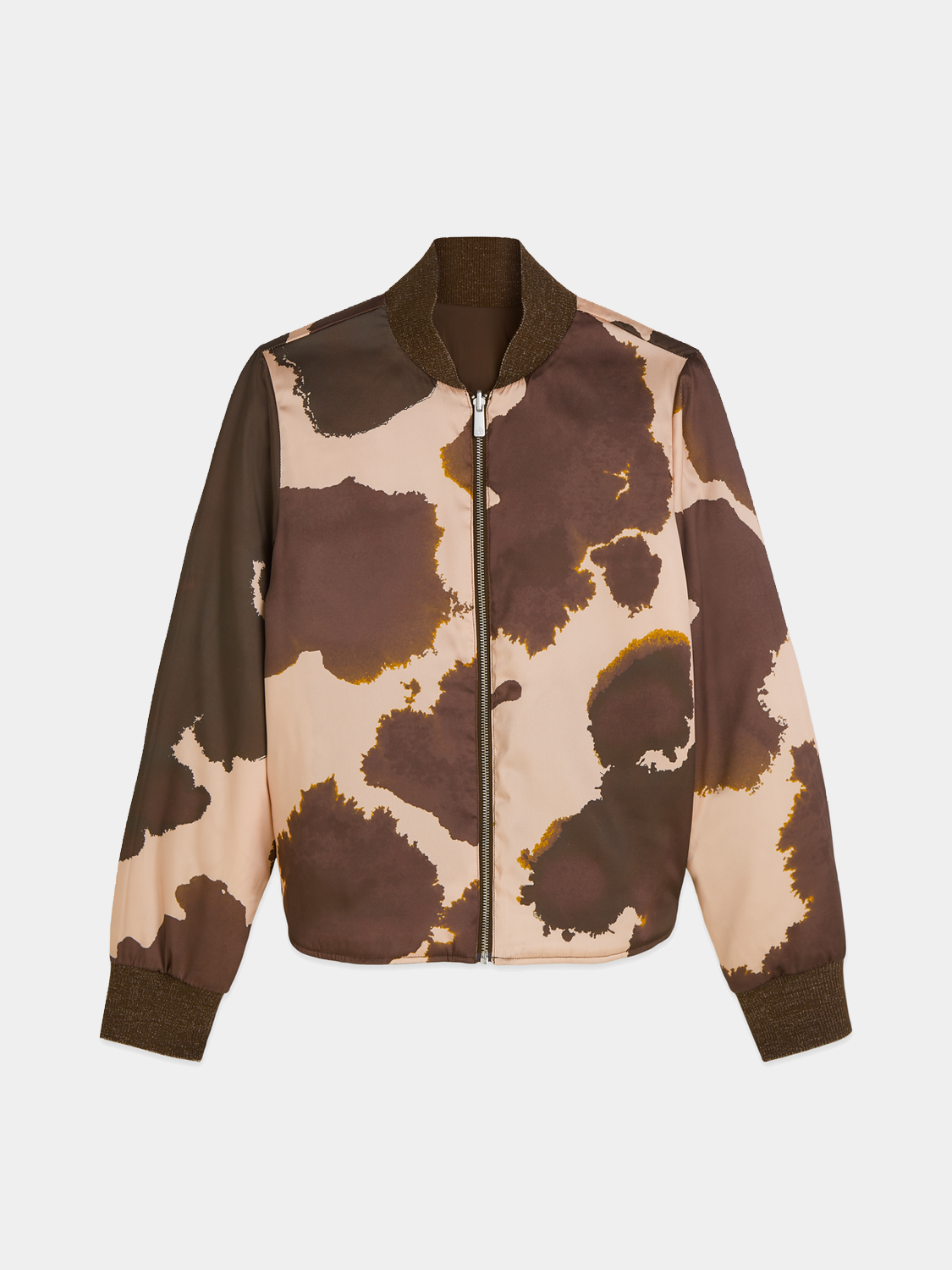 Reversible Scotch & Soda bomber jacket with contrasting black and beige sides, front zipper, and ribbed collar and cuffs.