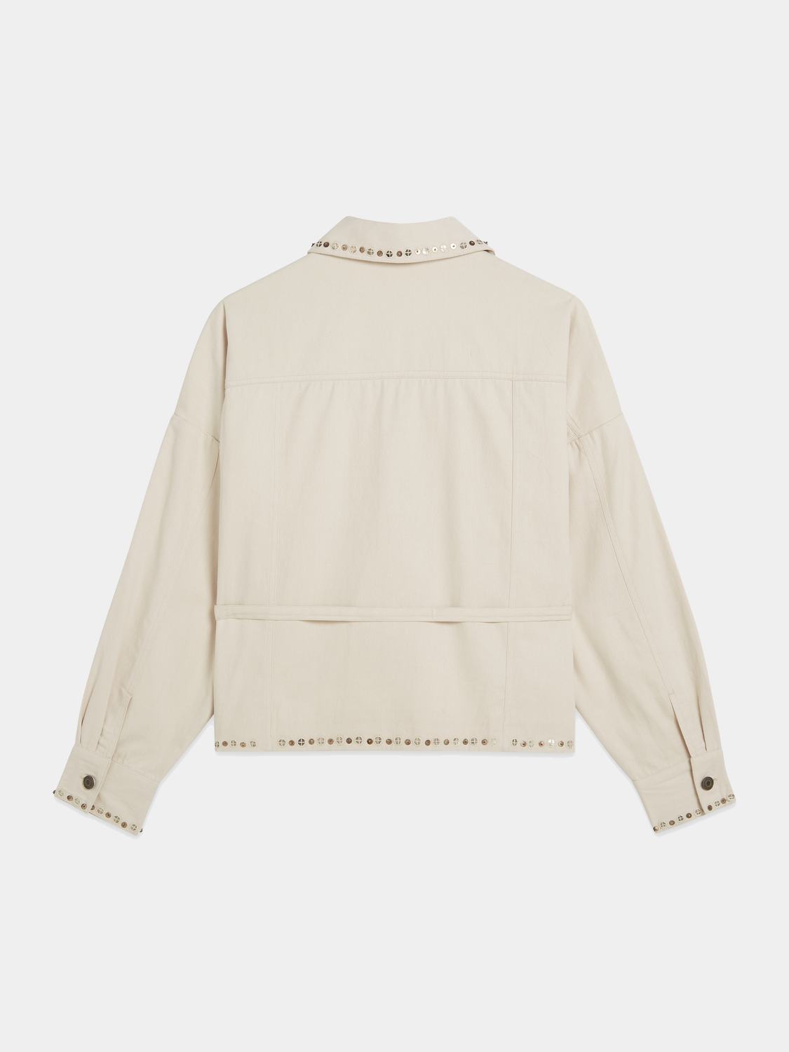 Embellished SCOTCH & SODA trucker jacket with decorative details, front view showing the stylish denim design and embellishments.
