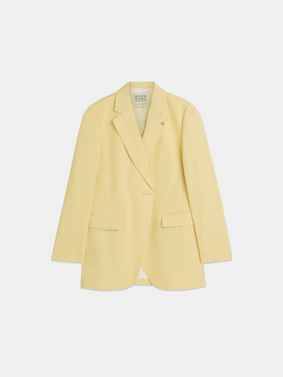 Black single-breasted blazer by Scotch & Soda, tailored fit with notch lapel and button closure, displayed on a hanger.
