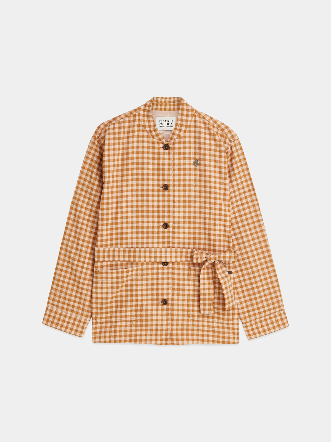 Scotch & Soda gingham belted blazer with notch lapels, front pockets, and a fitted silhouette, showcasing stylish tailoring.