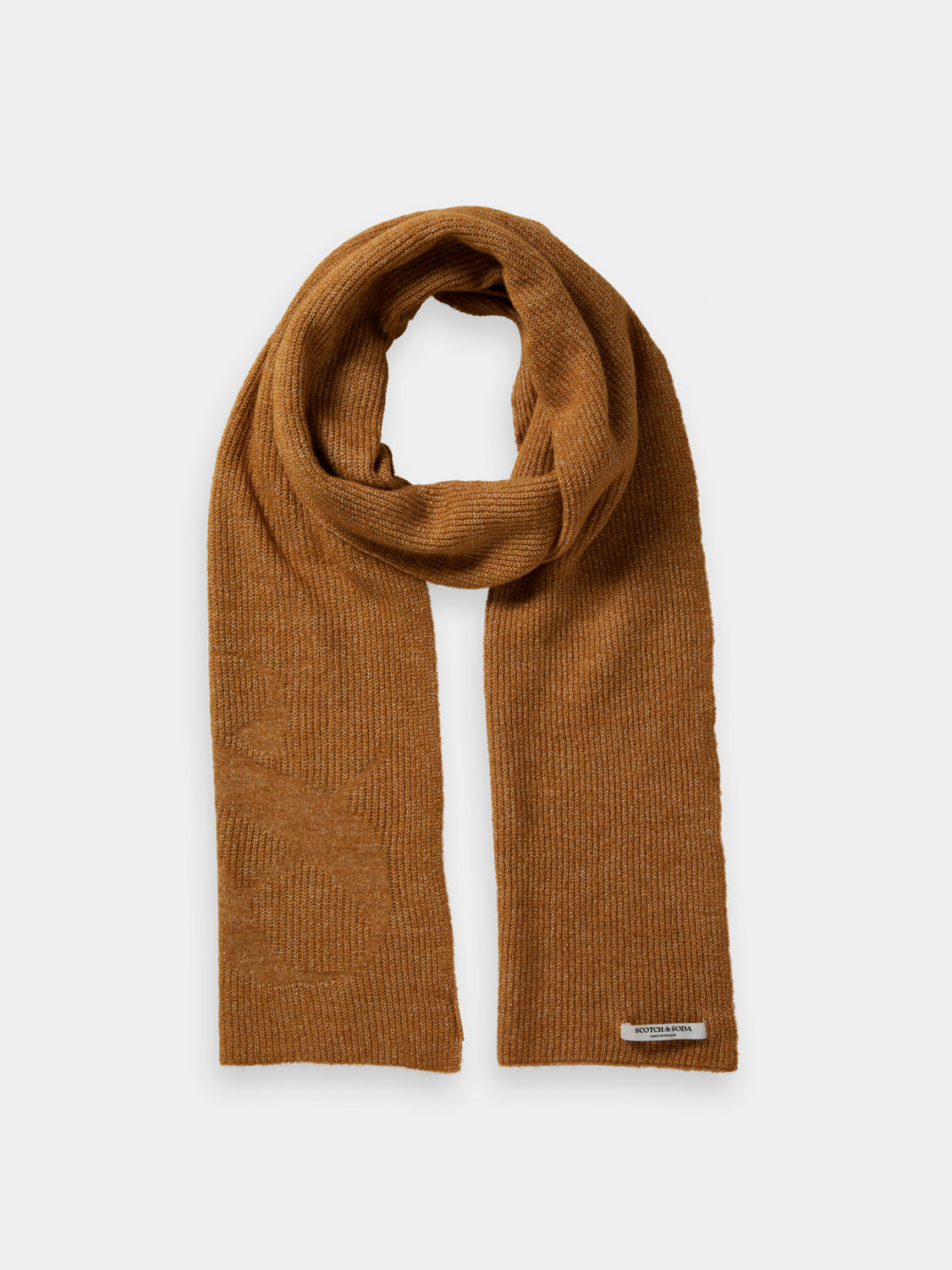Knitted scarf with logo design from SCOTCH & SODA, featuring a cozy, textured pattern in warm tones.