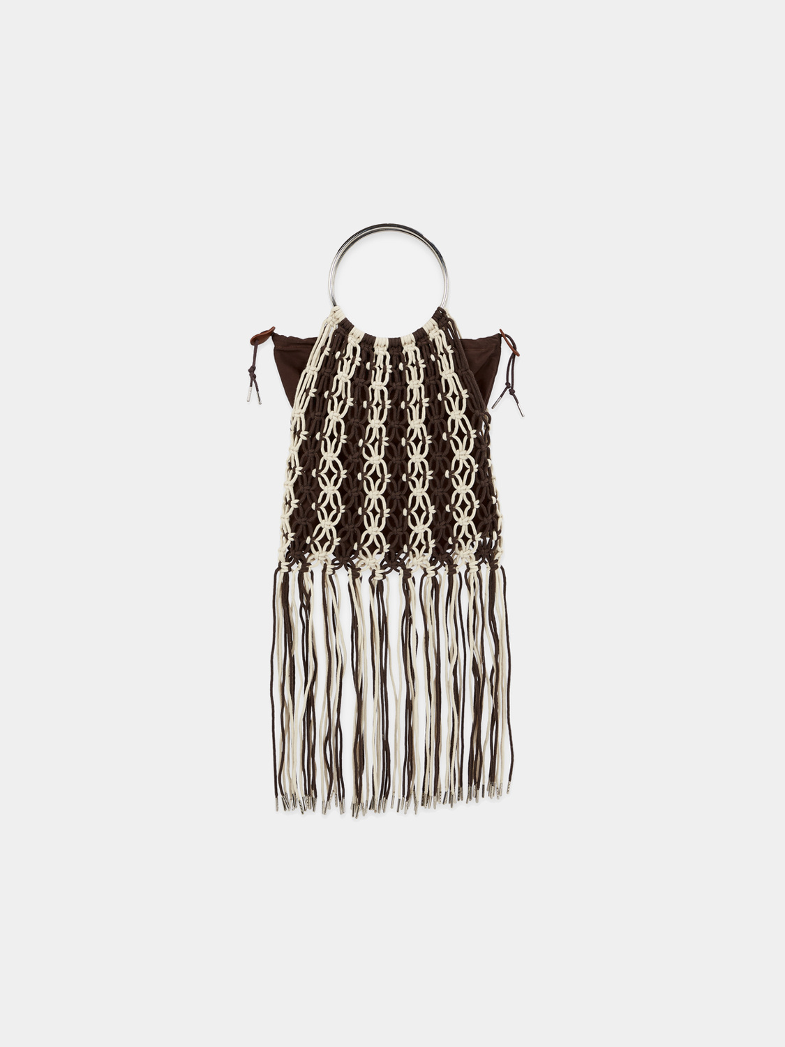 Scotch & Soda macrame bag with woven texture and shoulder strap, featuring boho-inspired design and natural fiber materials.