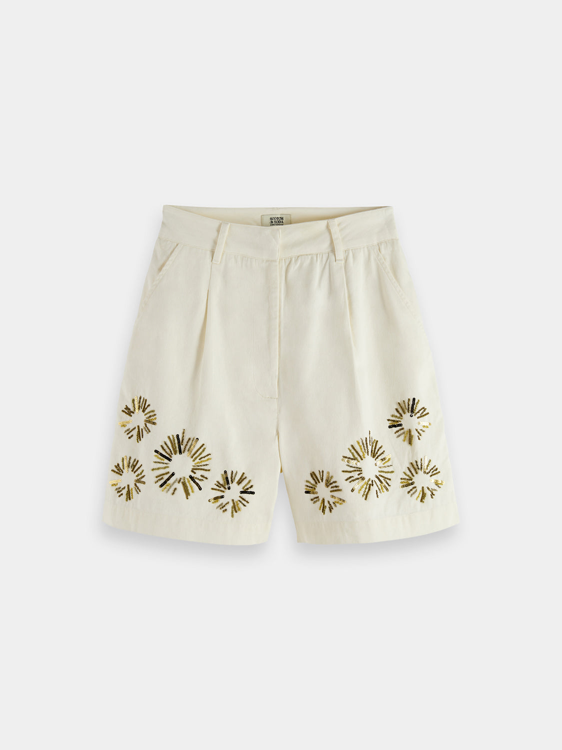 Embroidered shorts by Scotch & Soda featuring colorful floral embroidery, casual fit, and lightweight fabric.