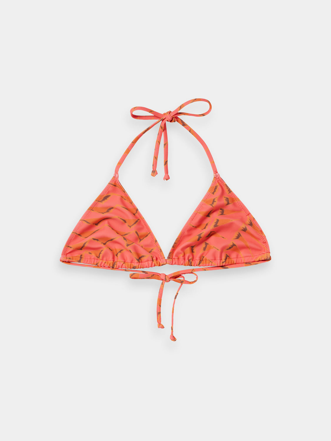 Printed swimwear bikini top by Scotch & Soda featuring colorful patterns and adjustable straps on a white background.