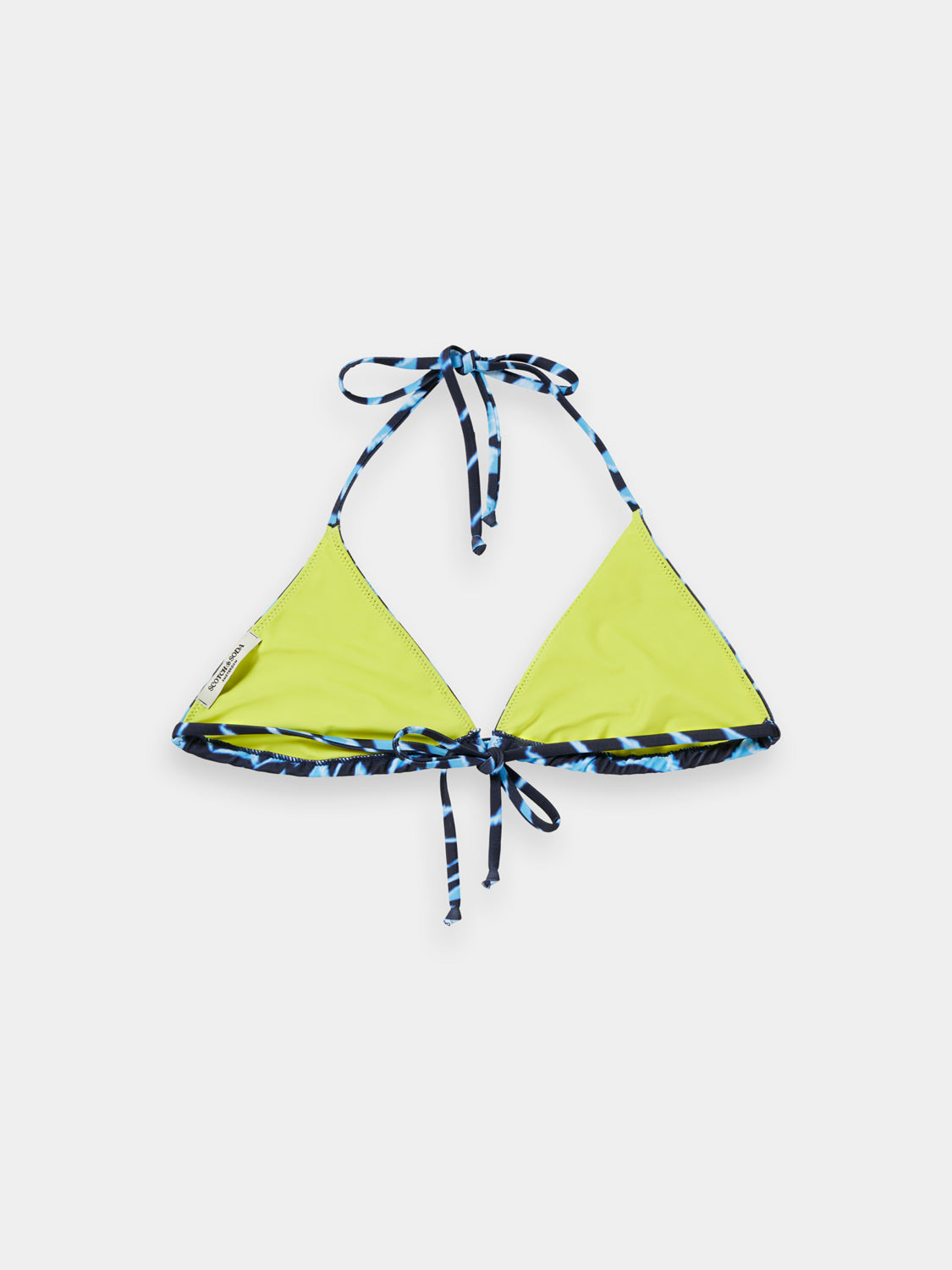 Printed swimwear bikini top by SCOTCH & SODA featuring a colorful pattern and adjustable straps on a white background.