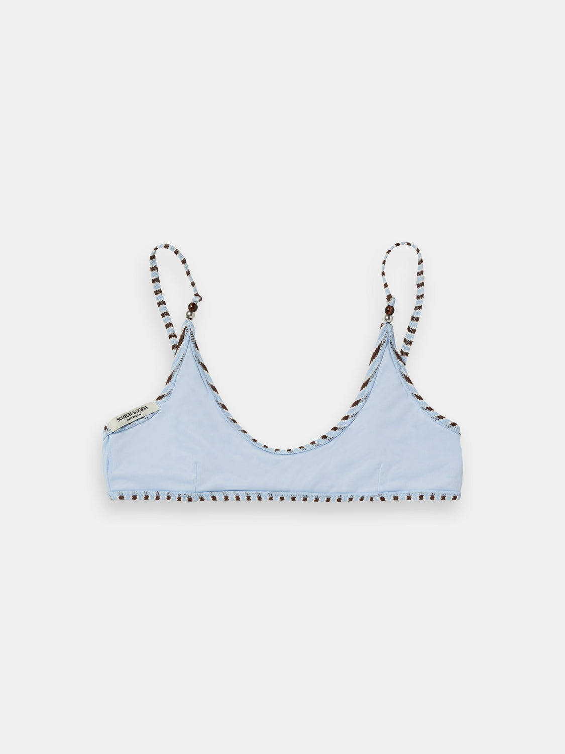 Striped bikini top from Scotch & Soda swimwear collection, featuring colorful horizontal stripes and adjustable shoulder straps.