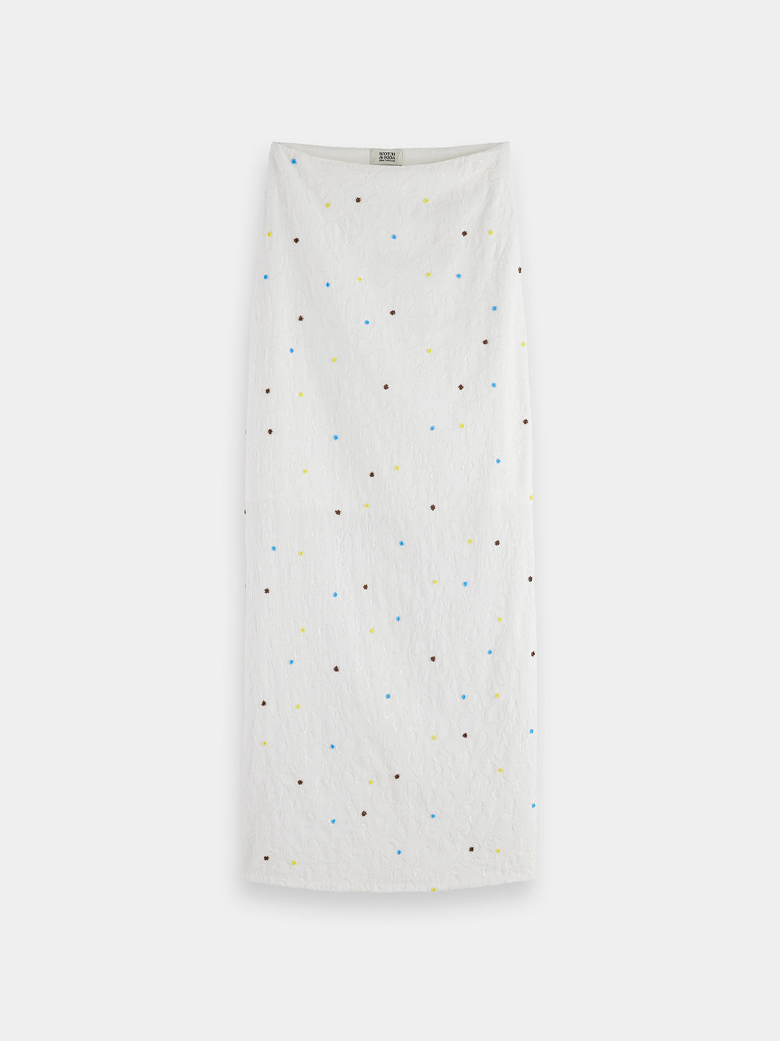 Beaded midi skirt by Scotch & Soda featuring intricate beadwork and a flowing silhouette, shown in a stylish fashion setting.