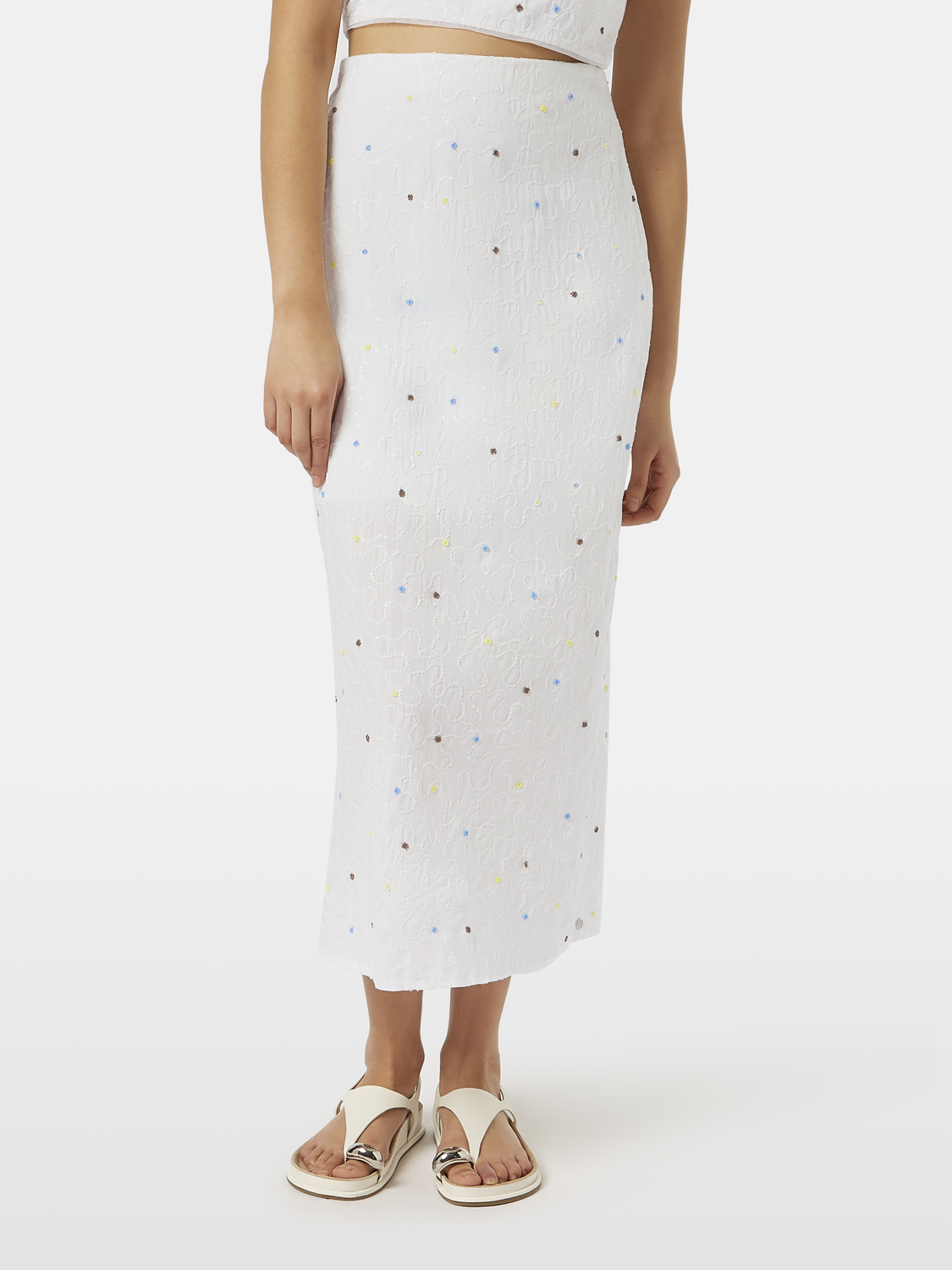 Beaded midi skirt from Scotch & Soda featuring intricate beading and flowing fabric, shown on a model.