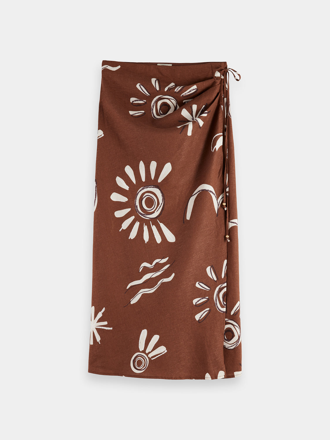 SCOTCH & SODA midi wrap skirt in floral fabric, featuring a tie waist and flowing design, perfect for casual or dressy wear.