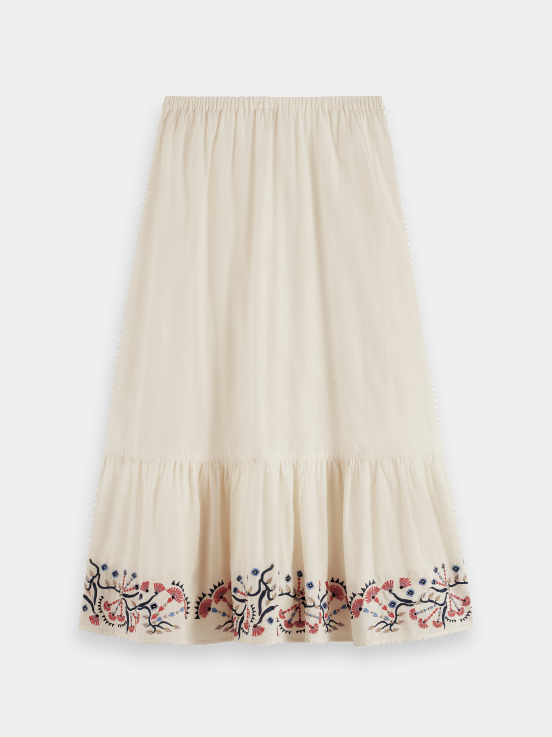 Embroidered maxi skirt by Scotch & Soda, featuring intricate embroidery and flowing fabric, seen from the back in this image.