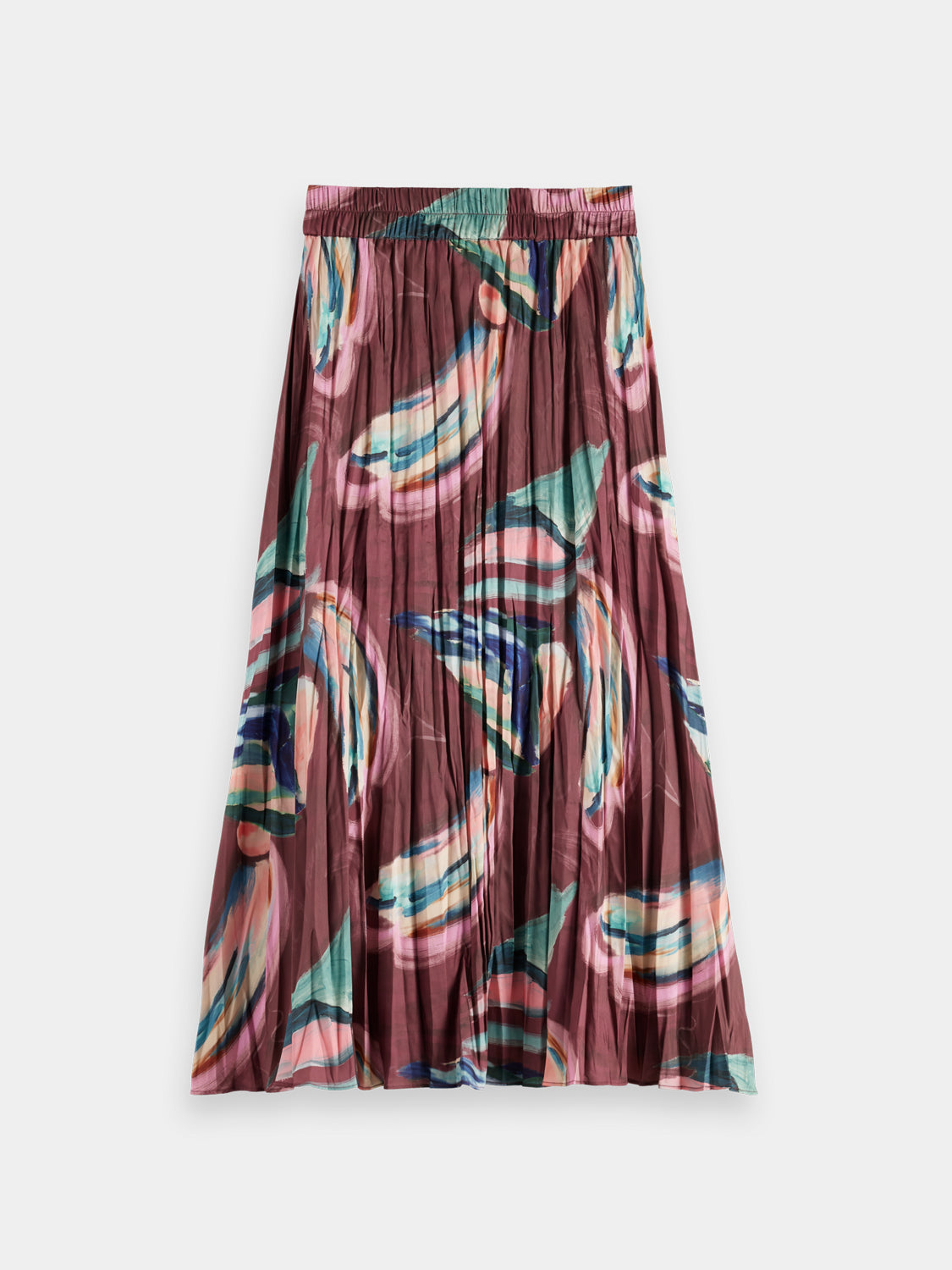 Black Scotch & Soda crinkle pleated midi skirt displayed with a flowy, textured fabric and a high waist design.