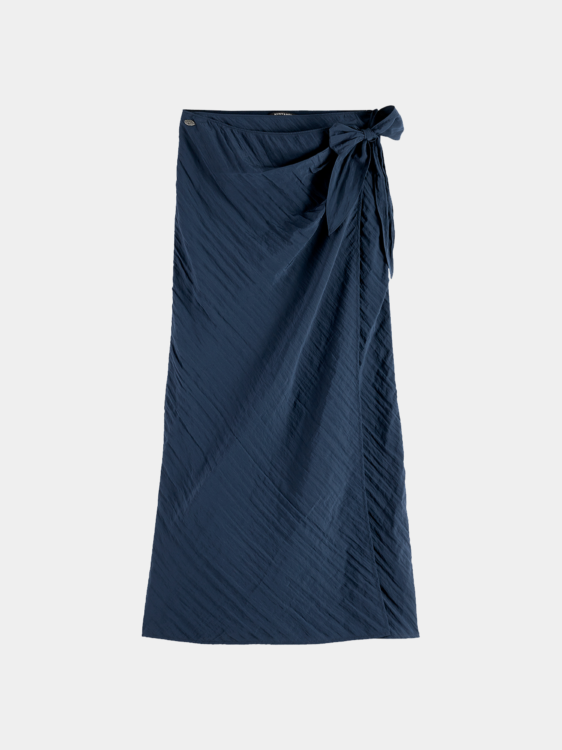 Scotch & Soda midi wrap skirt in floral pattern, flowing fabric with waist tie and layered design, perfect for casual or dressy wear.