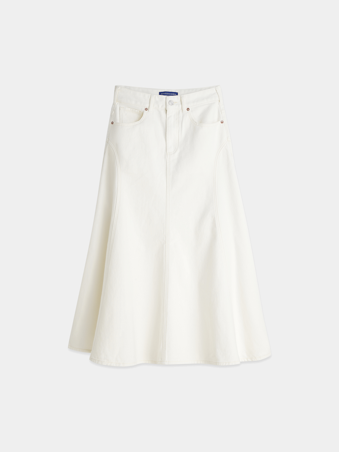 Blue denim maxi skirt by Scotch & Soda featuring a flowing, full-length design and classic pocket details, perfect for casual wear.