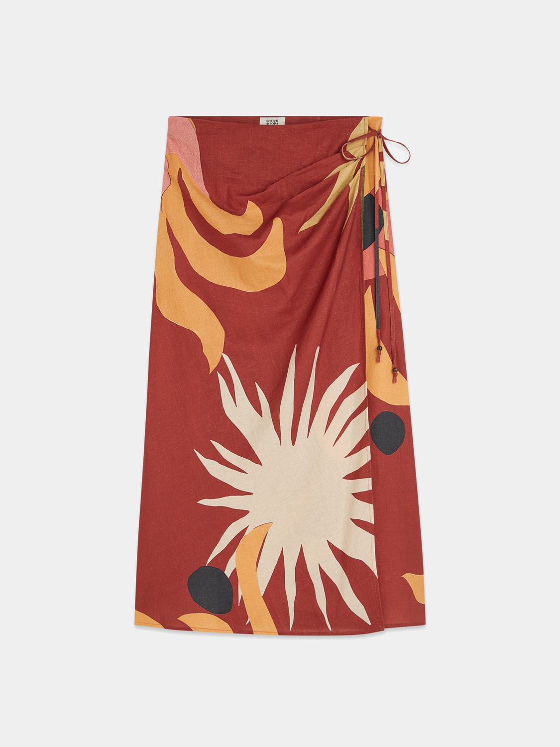 Linen wrap skirt by SCOTCH & SODA with a tied waist and flowy fabric, shown in a neutral color.