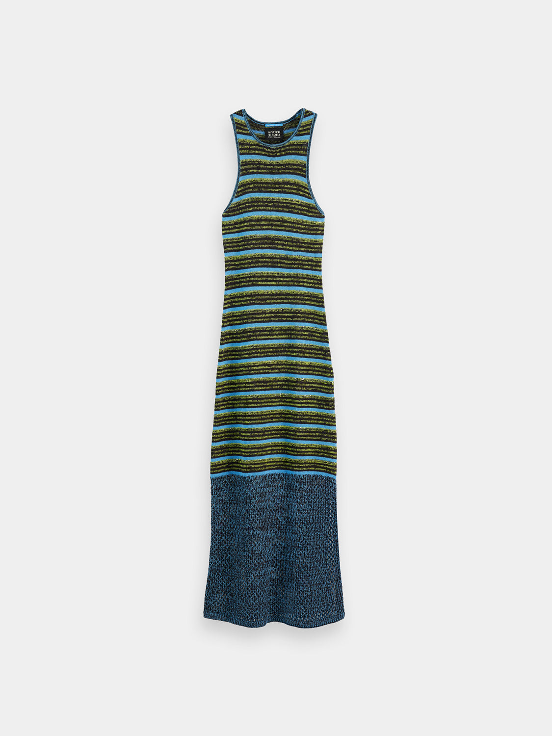 Striped knitted dress by Scotch & Soda featuring a fitted silhouette and colorful horizontal stripes.