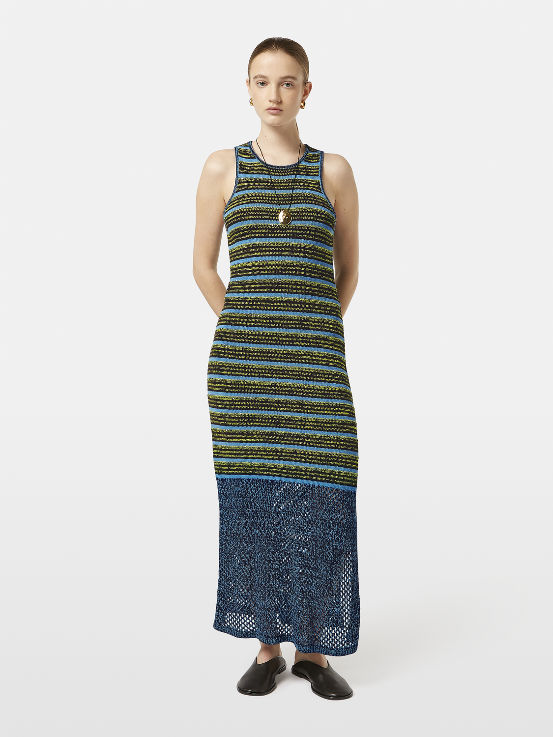Striped knitted dress by Scotch & Soda featuring a fitted silhouette and colorful horizontal stripes.