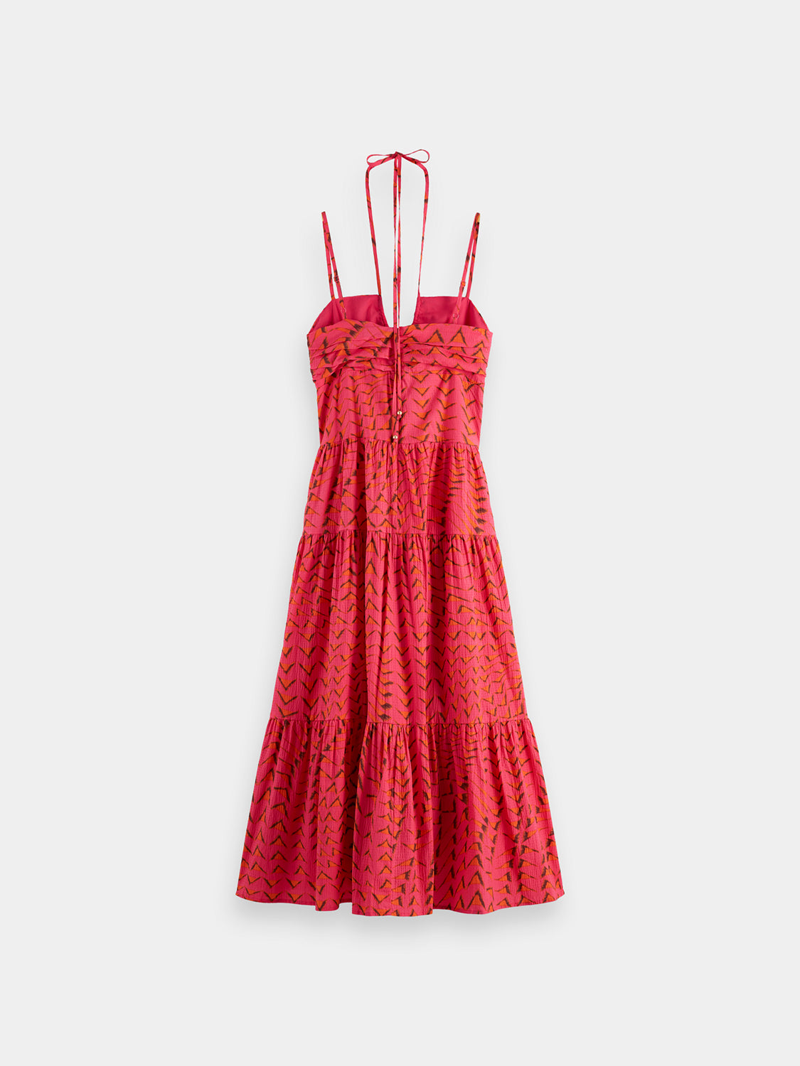 Black Scotch & SODA seersucker midi dress with a fitted bodice and flared skirt, showcased on a hanger.