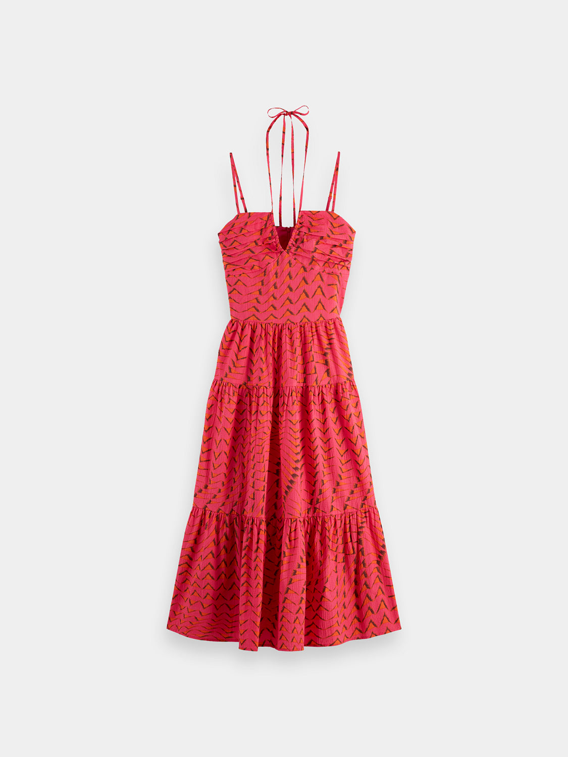 Seersucker midi dress by Scotch & Soda with a fitted bodice and flared skirt, featuring blue and white striped fabric.