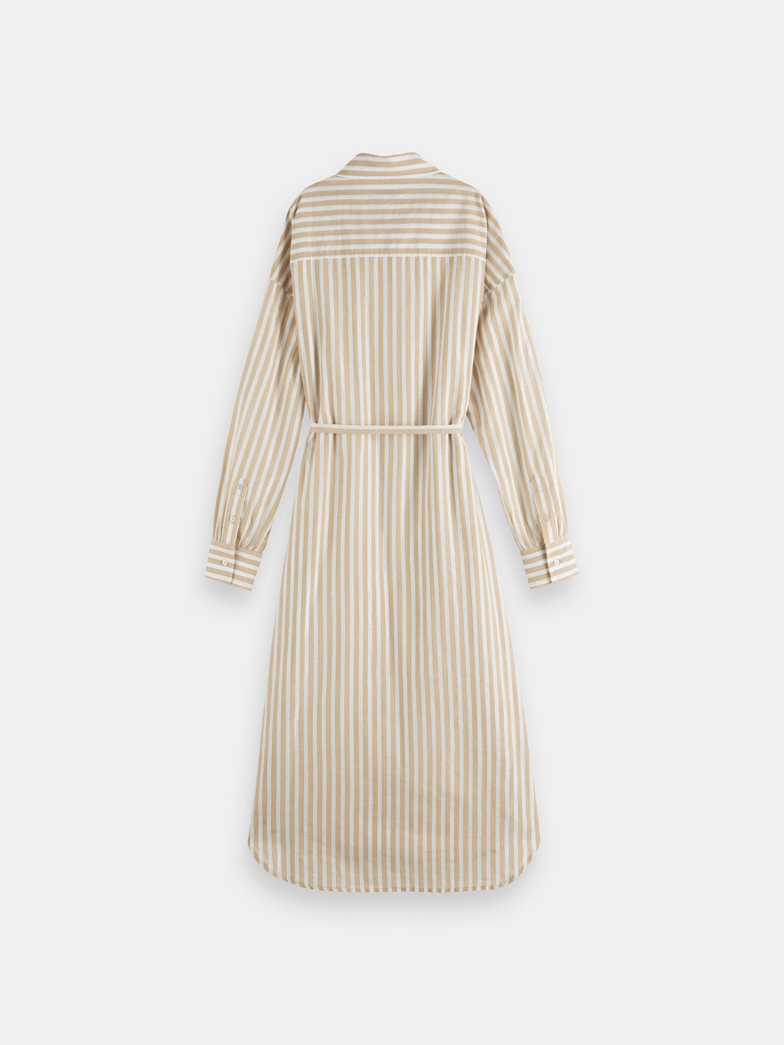 Striped midi shirt dress by Scotch & Soda featuring a collared neckline, button front, and waist tie in a stylish midi length.